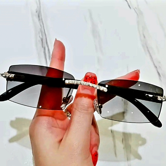 None Other - Rimless Rhinestone Luxurious Black Sunglasses. Mens